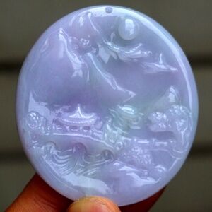 Certified Natural Grade A Light Lavender Icy Jadeite Jade Mountain风景 Pendant